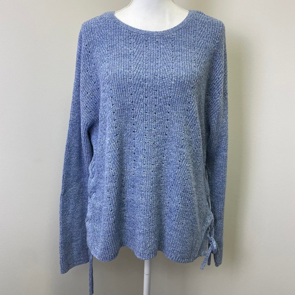 Talbots Sweaters - Talbots Blue Heather Pointelle Lace Up Side Pullover Sweater XL Cotton Blend